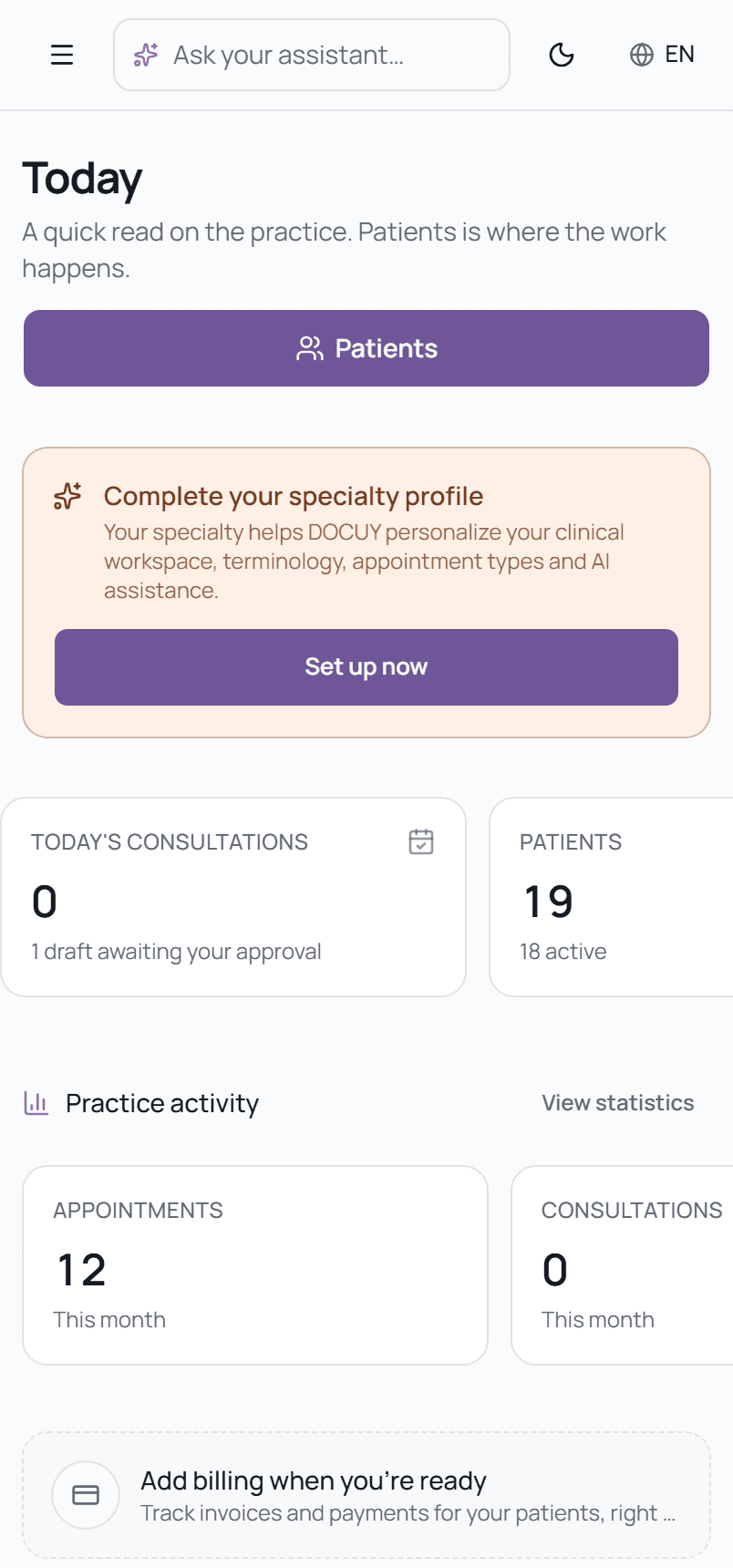 The DOCUY dashboard showing a doctor's day at a glance