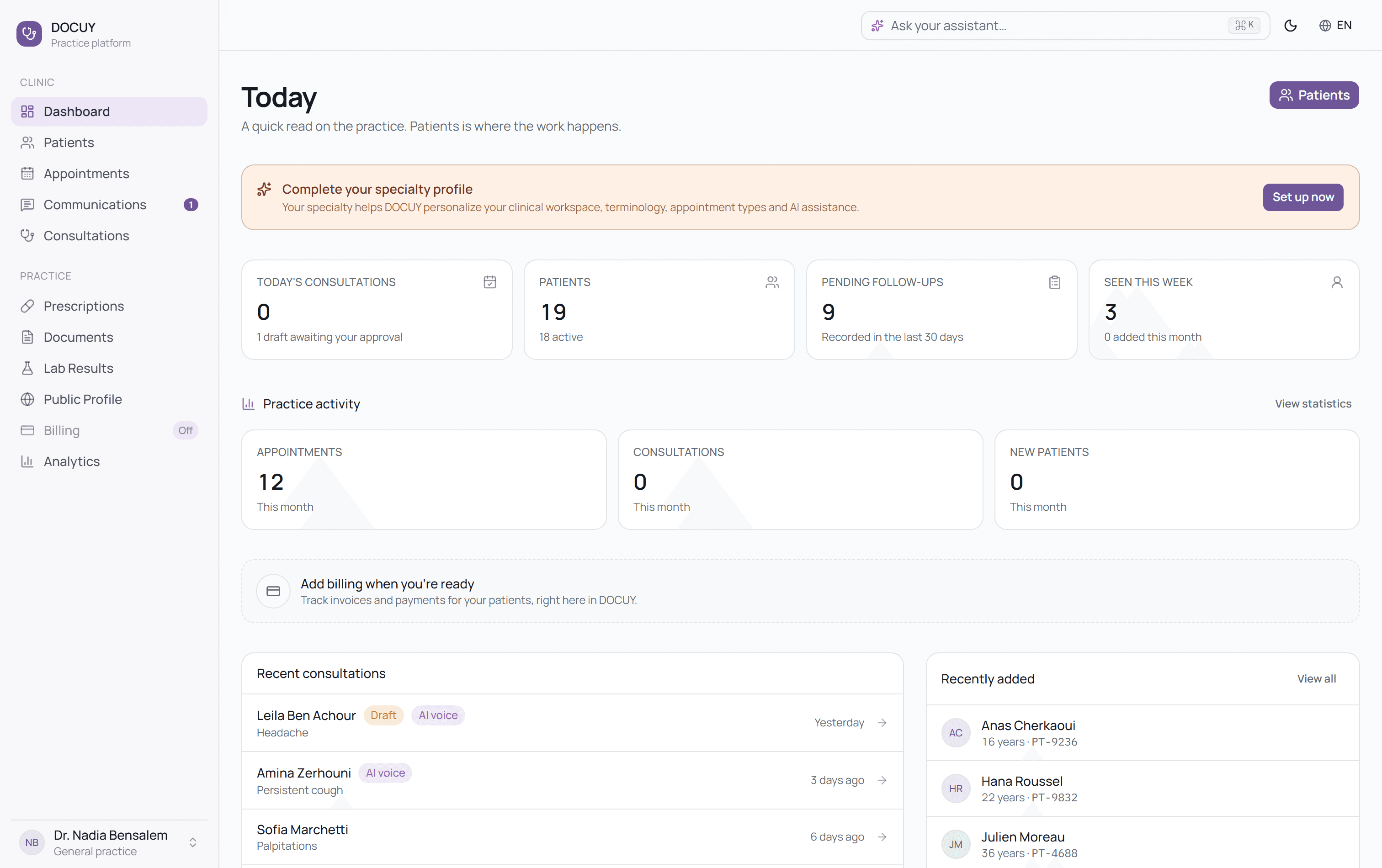 The DOCUY dashboard showing a doctor's day at a glance